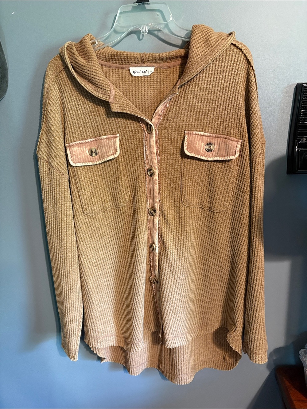 Waffle Knit Hooded Button-Up Top in Camel with Velvet Trim